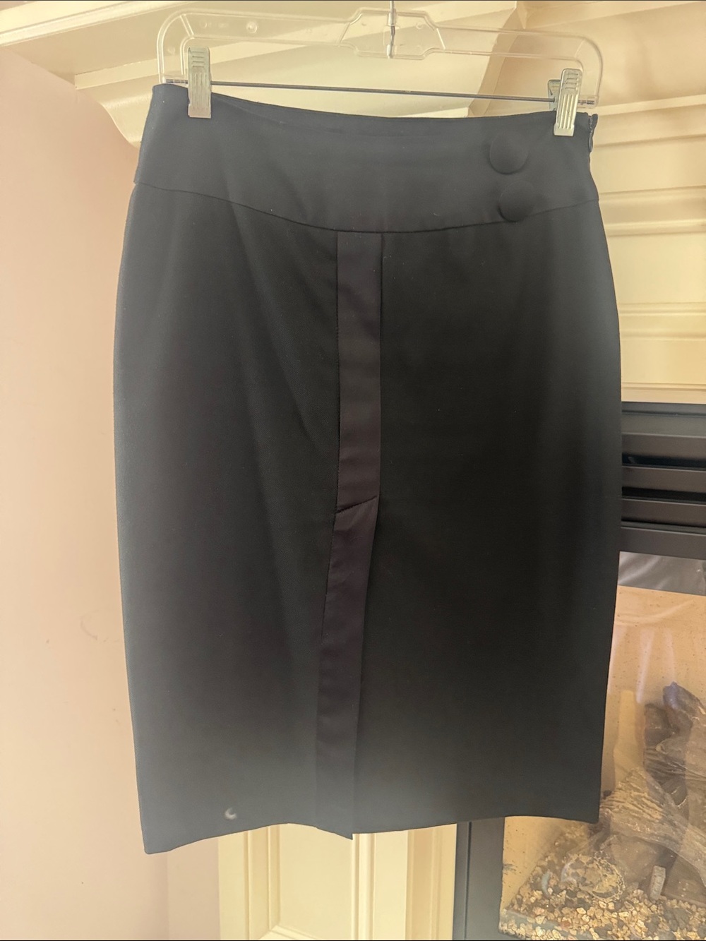 Morgan de Toi Black Tuxedo Pencil Skirt with Satin Center Panel and Button Waist